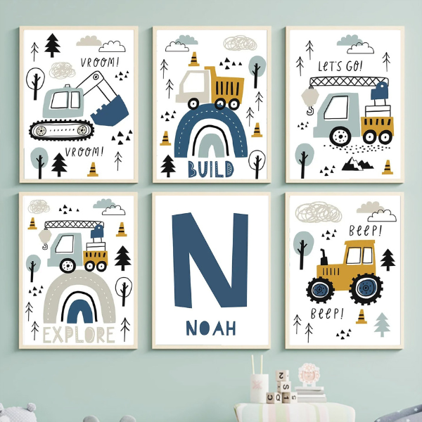 Ensemble de 6 affiches murales sur le thème des chantiers, personnalisable avec un prénom, pour décoration chambre d'enfant.