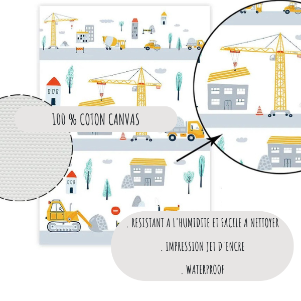 Zoom sur l’impression sur toile coton canvas avec des détails d’engins de construction et de grue pour la décoration murale enfant.