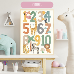 Affiche éducative chiffres avec des animaux du safari pour apprendre à compter tout en décorant une chambre d’enfant.