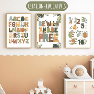 Affiche éducative pour enfant avec chiffres et animaux sauvages. Idéale pour apprendre à compter en décorant une chambre sur le thème safari.