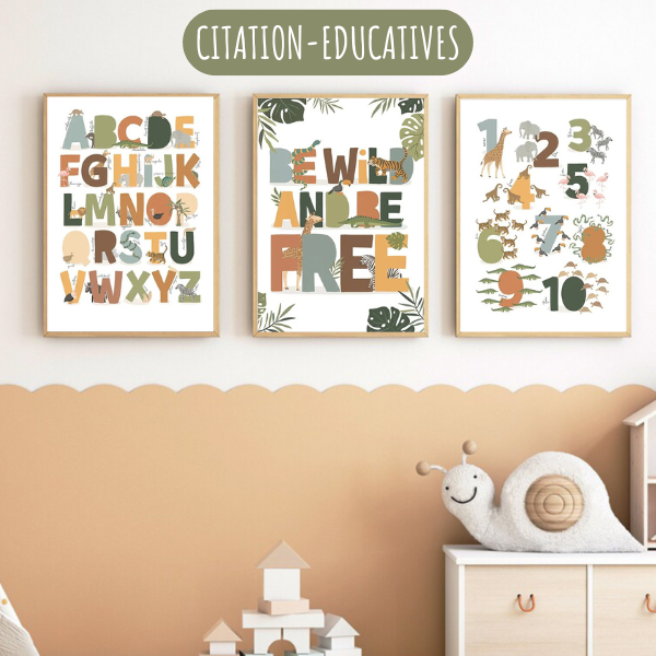 Affiche éducative pour enfant avec chiffres et animaux sauvages. Idéale pour apprendre à compter en décorant une chambre sur le thème safari.