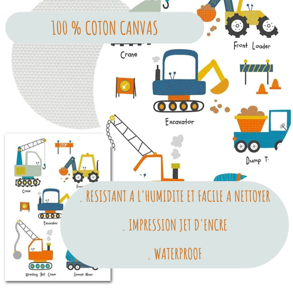 Zoom sur une affiche murale thème construction en coton canvas avec engins de chantier et finitions résistantes.