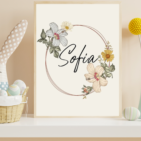 Affiche décorative avec couronne de fleurs au style boho chic pour décoration de chambre d’enfant douce et poétique