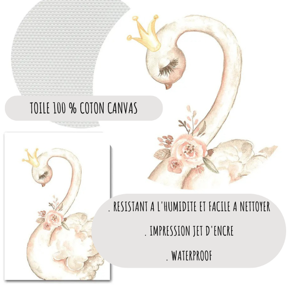 Affiche décorative cygne bohème rose poudré imprimée sur toile coton canvas pour chambre de bébé fille
