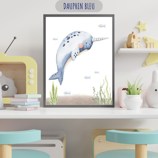 Illustration d’un dauphin narval bleu en aquarelle, parfait pour une ambiance douce et poétique.