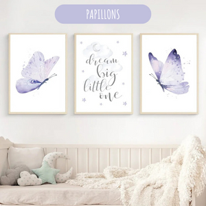 Trio d'affiches murales pour chambre bébé, papillons violets et citation "Dream Big Little One".
