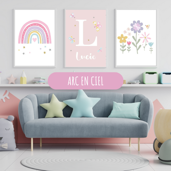 Lot d’affiches murales licorne et arc-en-ciel pour une décoration féérique de chambre d’enfant.