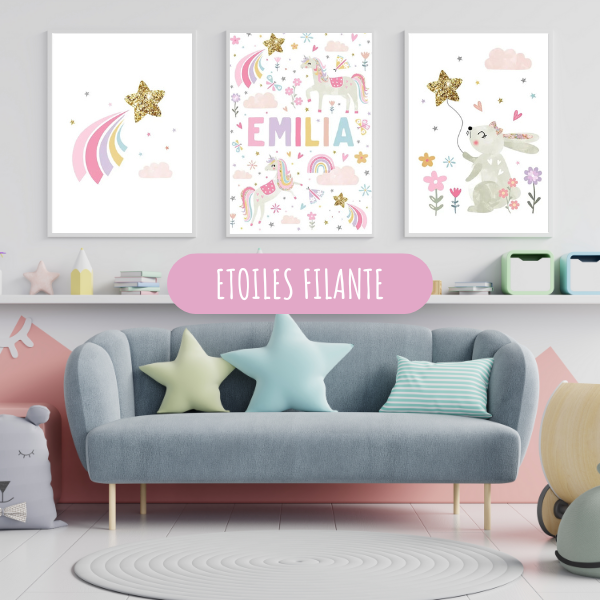 Ensemble d’affiches étoile filante et licorne pour une décoration murale de chambre d’enfant.