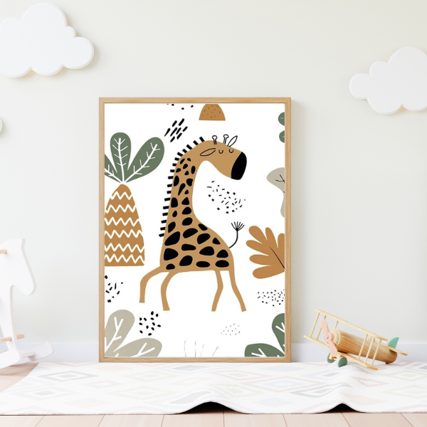 Affiche girafe dans un décor nature, parfaite pour une déco chambre enfant sur le thème safari