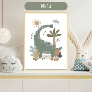 Affiche dinosaure vert sauge pour chambre d'enfant, au style doux et naturel, parfaite pour une décoration apaisante.
