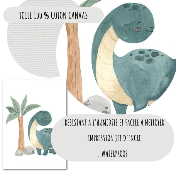 Affiche dinosaure en vert sauge, imprimée sur une toile 100 % coton canvas. Résistante à l’humidité et waterproof, elle est parfaite pour une décoration murale de chambre d’enfant.