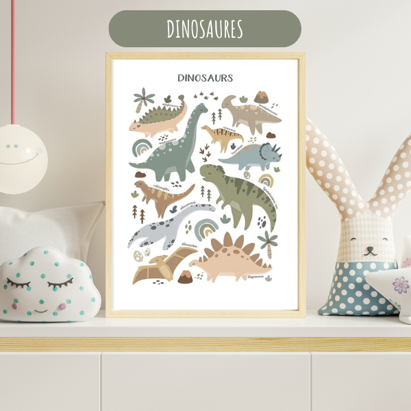 Affiche murale éducative avec illustrations de dinosaures en tons vert sauge, parfaite pour une décoration ludique et naturelle.