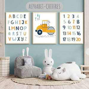 Lot de 3 affiches éducatives pour chambre d'enfant avec alphabet, chiffres et rouleau compresseur pour une décoration ludique et colorée.