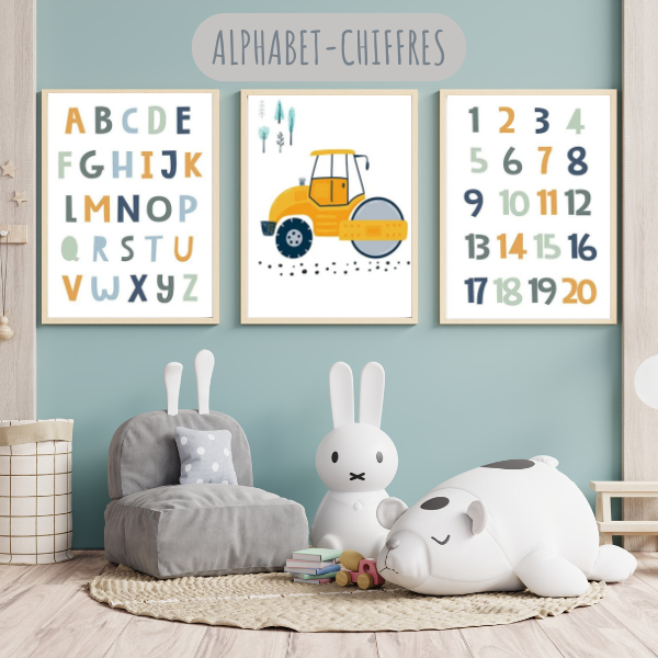 Lot de 3 affiches éducatives pour chambre d'enfant avec alphabet, chiffres et rouleau compresseur pour une décoration ludique et colorée.