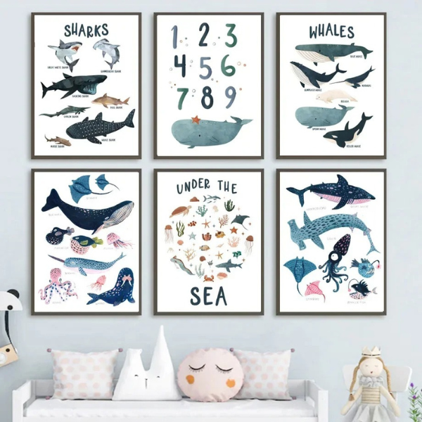 Affiches murales pédagogiques avec cétacés et requins, parfaites pour l’apprentissage des chiffres et des lettres.