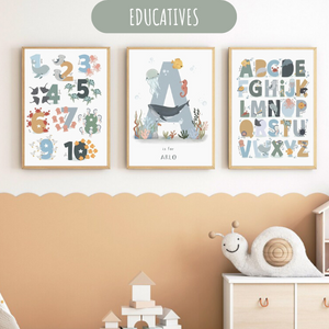 Triptyque d’affiches éducatives sur l’alphabet, les chiffres et les animaux de l’océan pour chambre d’enfant.