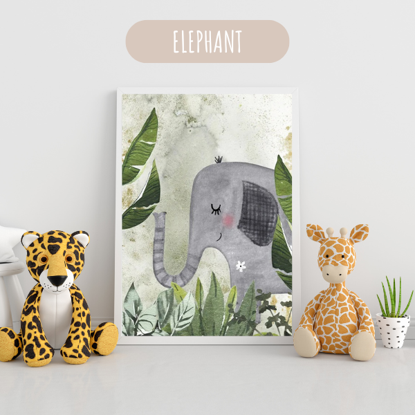 Poster éléphant dans un cadre végétal, parfaite pour une chambre d’enfant sur le thème des animaux sauvages.