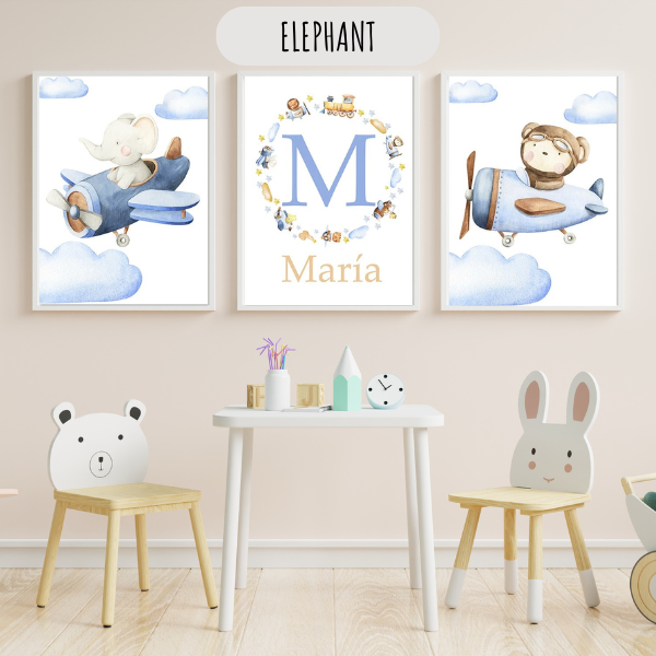 Affiche enfant illustrant un éléphant volant en avion, décoration murale douce pour chambre de bébé