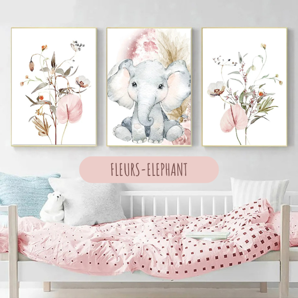 Affiches murales bébé fille avec lionceau, éléphant et fleurs, idéale pour un univers tendre et raffiné.
