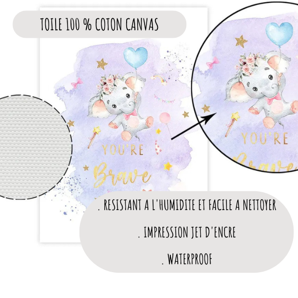 Détail d’une affiche enfant avec éléphant imprimée sur toile coton résistante et facile à nettoyer