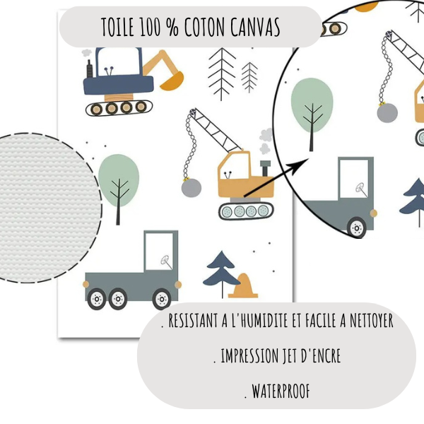 Gros plan sur l’impression haute qualité de l’affiche Engins de chantier sur toile canvas 100 % coton, résistante et durable.