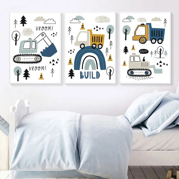 Ensemble de trois affiches murales enfant sur le thème du chantier avec des engins de construction et un arc-en-ciel, parfait pour une déco de chambre.