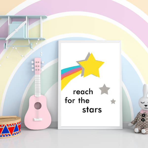 Affiche étoilée avec arc-en-ciel coloré, idéal pour une chambre d’enfant.