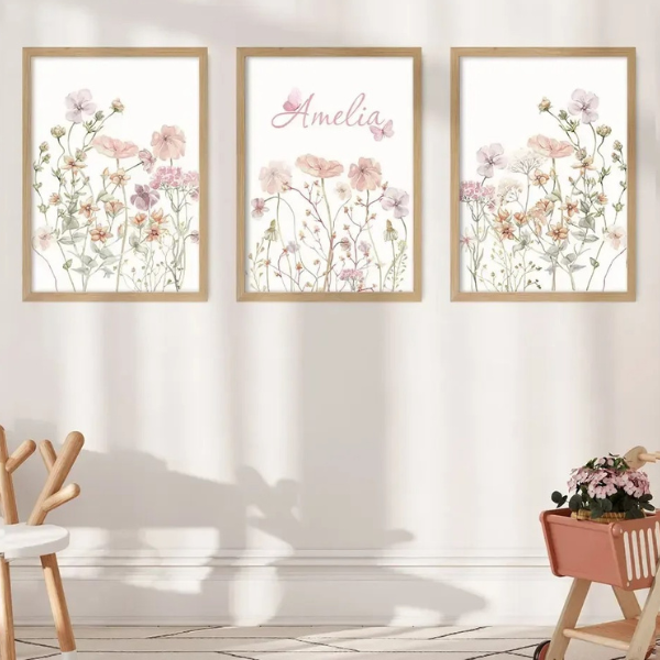 Triptyque floral personnalisé avec prénom pour déco murale chambre fille