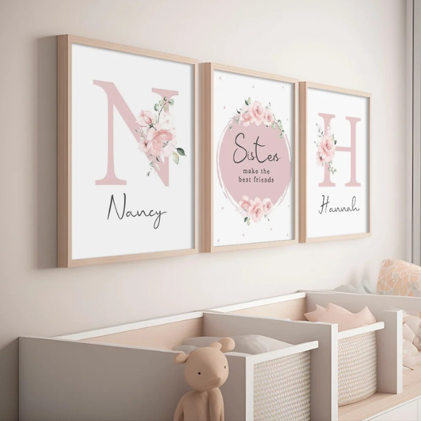 décoration murale chambre bébé fille avec lettres fleuries personnalisées et message Sisters make the best friends