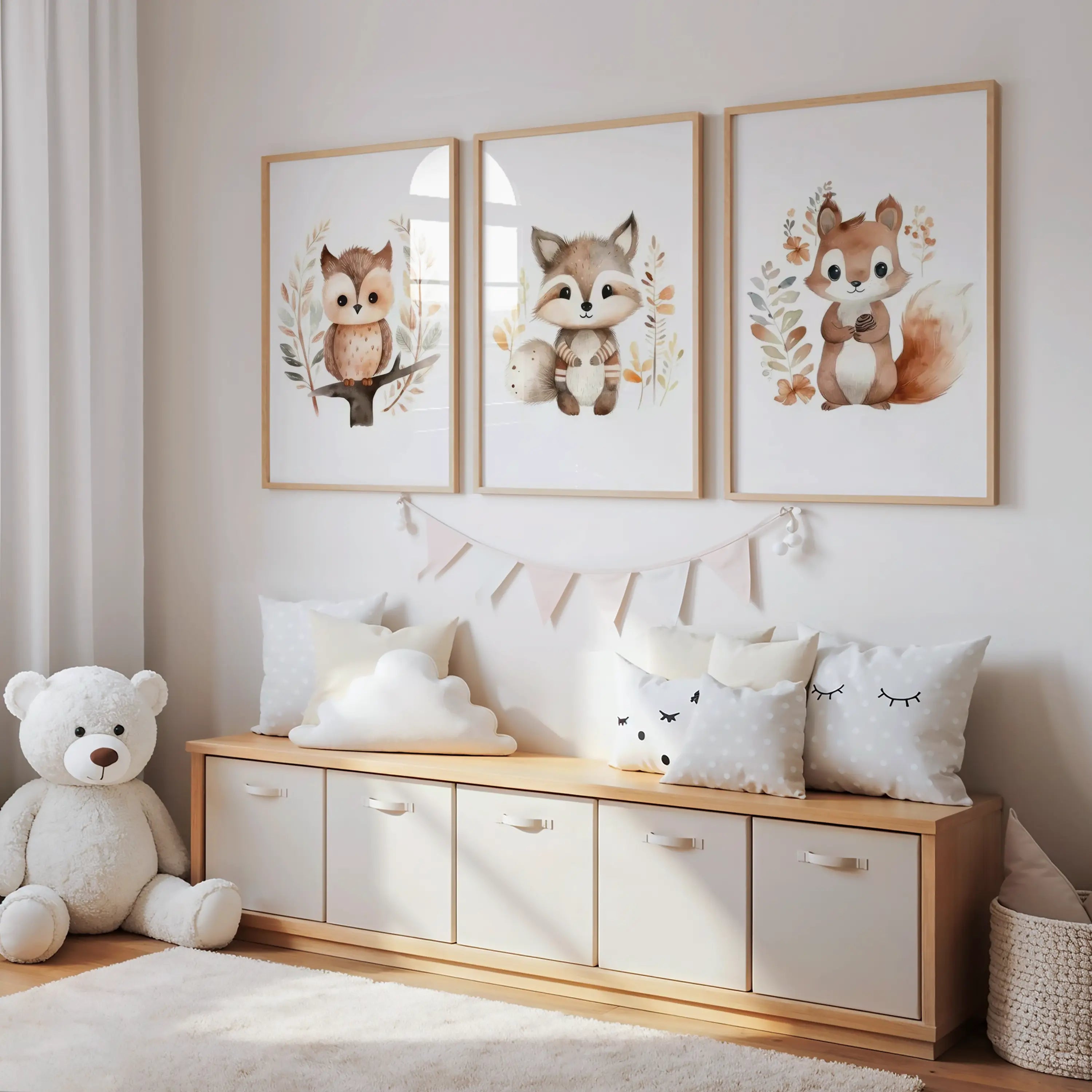 Ensemble de trois affiches animaux forêt style automnal pour chambre bébé
