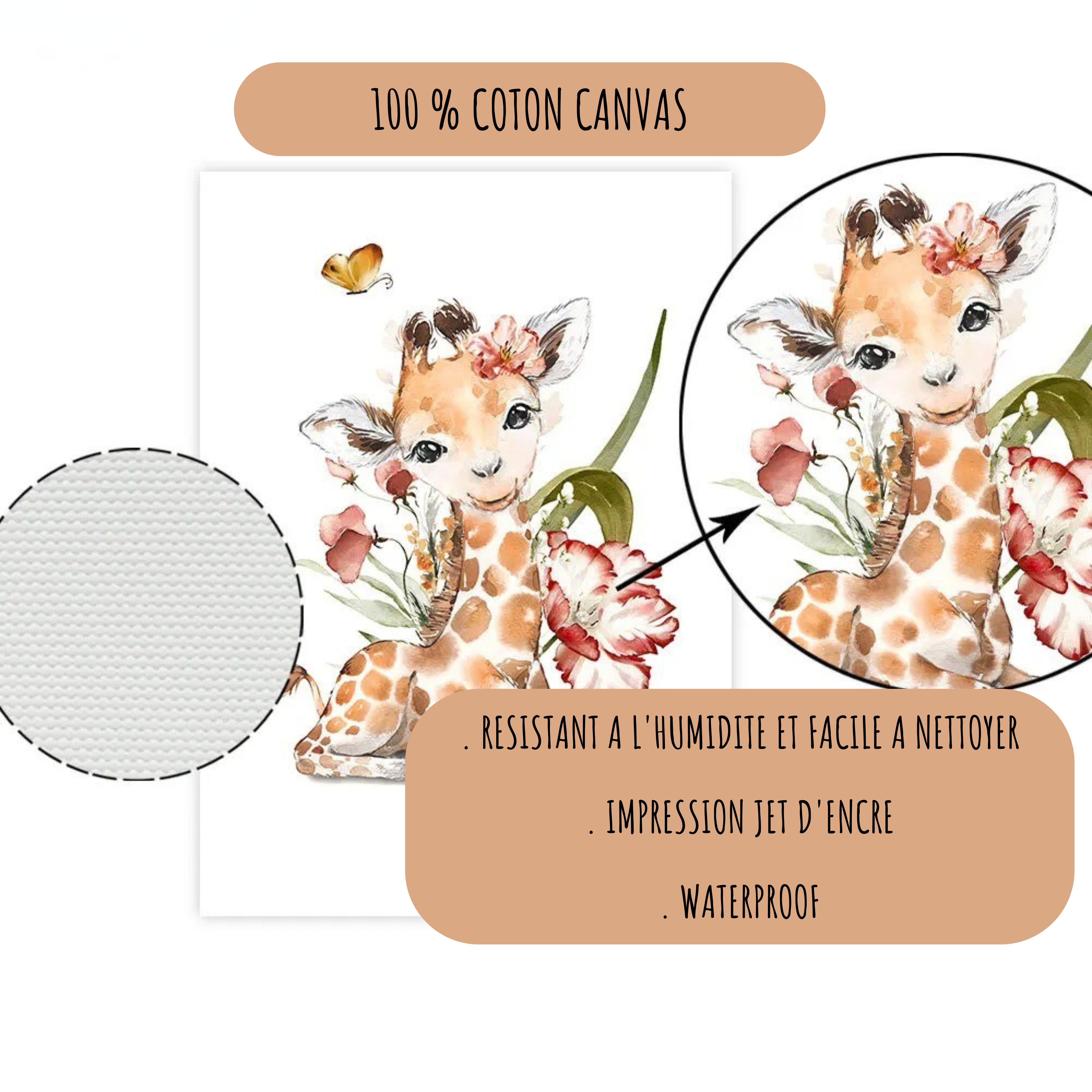 Affiche girafe bébé imprimée sur toile 100 % coton canvas, impression jet d’encre résistante à l’humidité, facile à nettoyer et waterproof pour décoration chambre bébé.