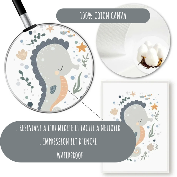 Zoom sur une affiche en toile canvas avec illustration d’hippocampe et détails d’impression.