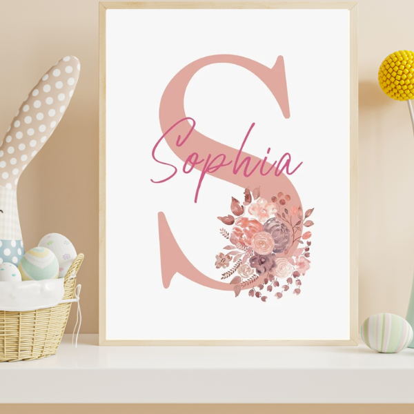 Affiche décorative avec initiale florale couleur vieux rose pour décoration de chambre d’enfant ou de bébé