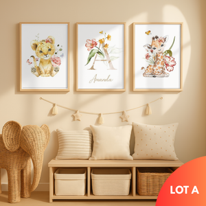 Affiche initiale personnalisée thème safari pour chambre bébé avec lion et girafe, décoration murale bébé élégante avec lettre et prénom personnalisable, cadeau naissance original en toile coton.