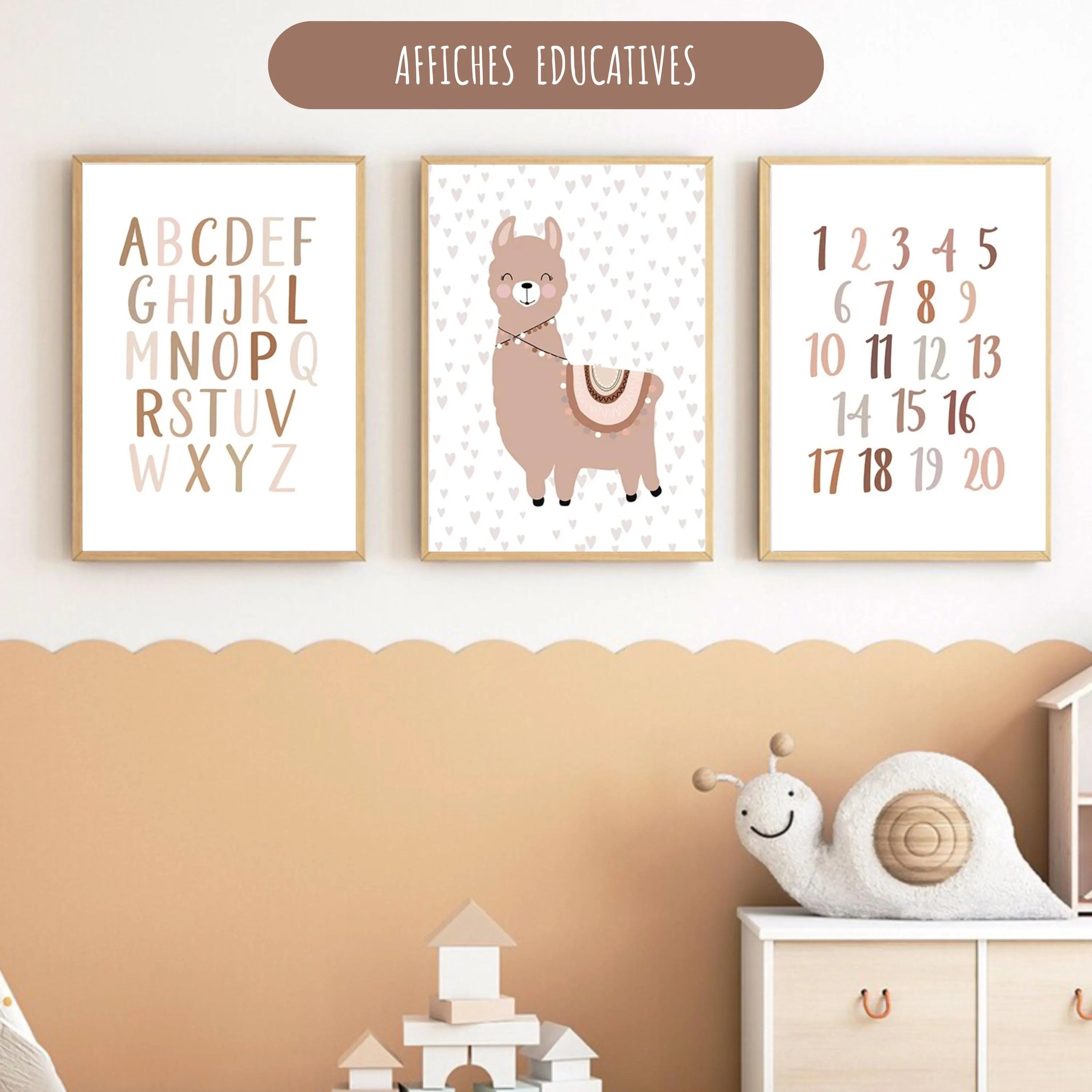 Affiches éducatives alphabet et chiffres avec illustration lama pour chambre enfant, décoration murale pédagogique tons naturels
