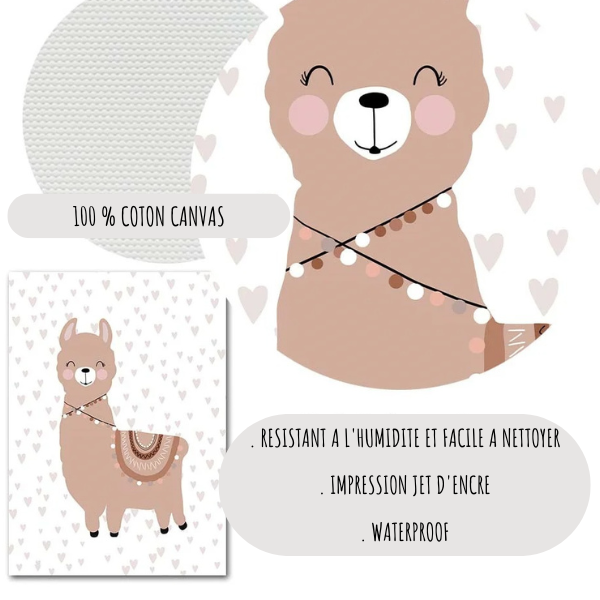 Affiche lama pour enfant aux tons teracotta et bohème, imprimée sur toile coton pour chambre bébé.