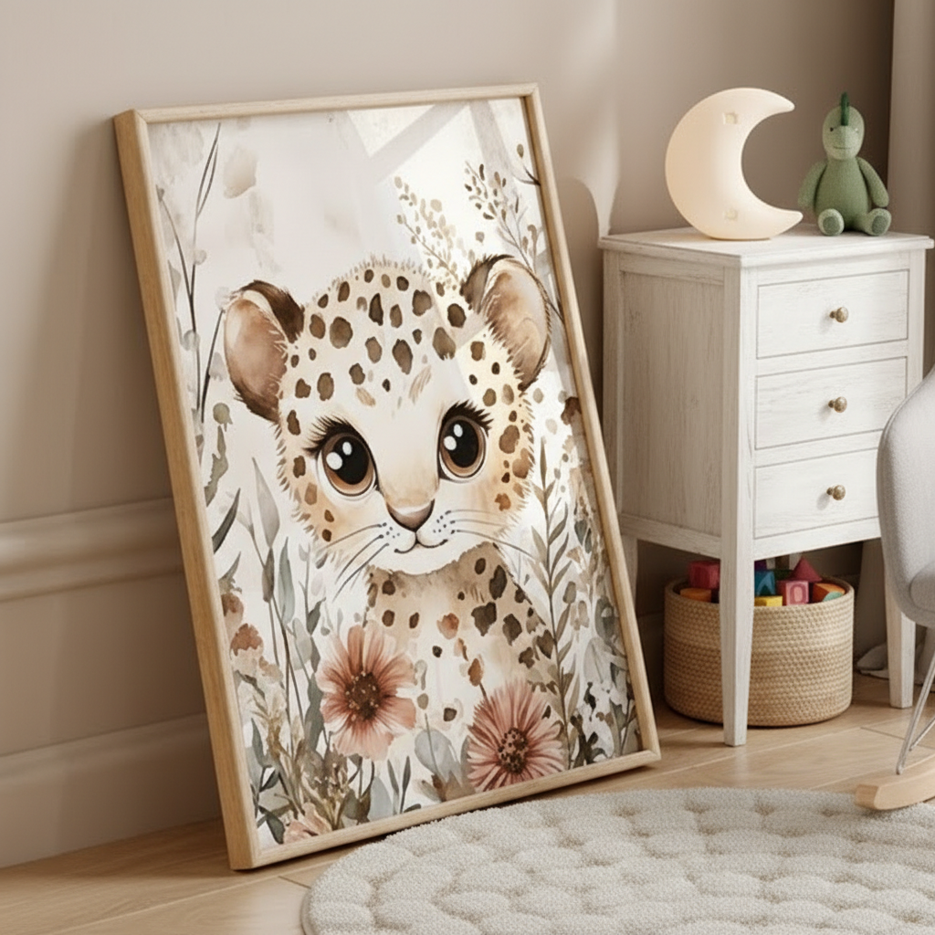 Affiche chambre bébé représentant un bébé léopard illustré dans un style tendre, thème safari, décoration murale pour chambre d’enfant.
