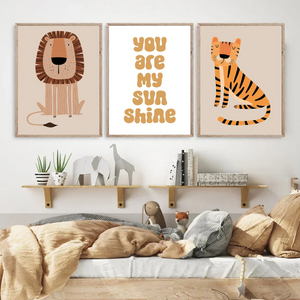 Affiche décorative lion minimaliste pour une chambre enfant, style bohème et nature.