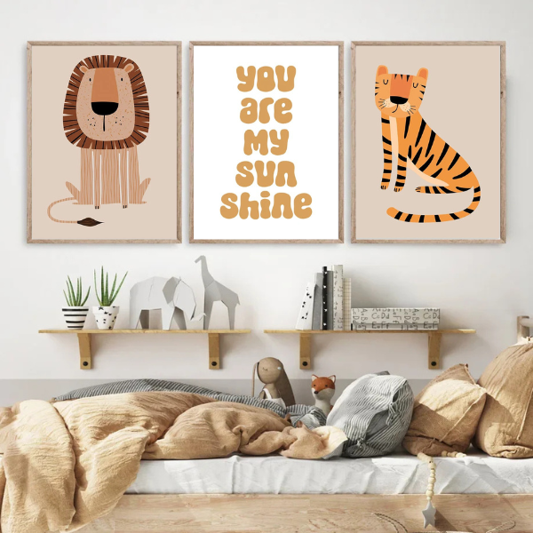 Affiche décorative lion minimaliste pour une chambre enfant, style bohème et nature.