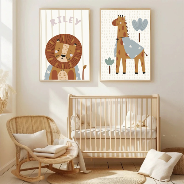 Affiche lion personnalisable pour une chambre bébé, illustration douce et élégante avec possibilité d'ajouter un prénom.