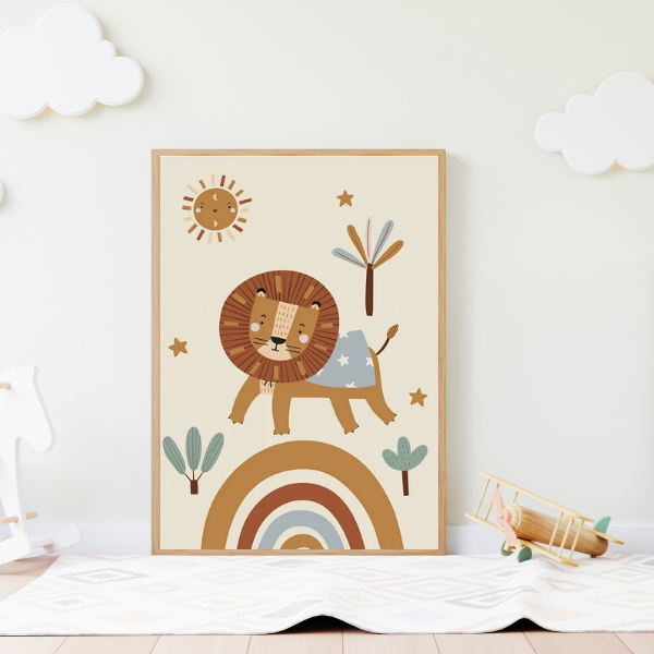 Affiche illustrée d’un lion sur un arc-en-ciel, parfaite pour une déco murale naturelle et tendance.