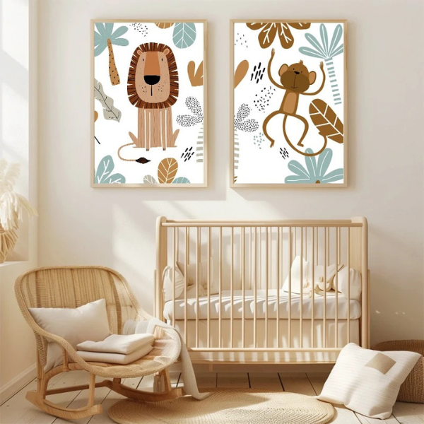 Affiche décorative jungle avec un lion stylisé pour chambre d’enfant, couleurs naturelles et tons verts