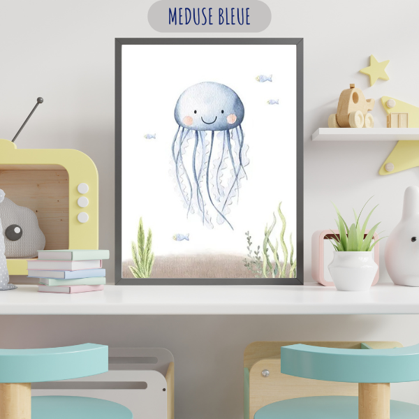 Méduse bleue aquarelle pour une ambiance sous-marine apaisante.