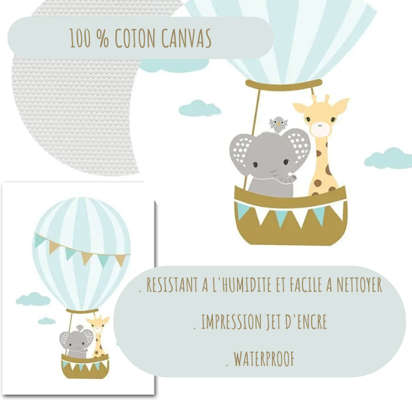 Affiche montgolfière avec éléphant et girafe, imprimée sur toile coton canvas, résistante à l'humidité et facile à nettoyer.