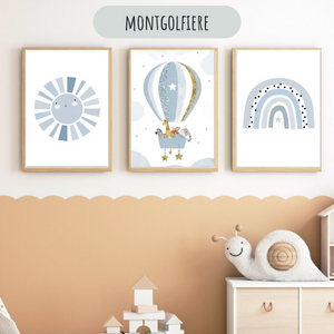 Lot de 3 affiches montgolfière et arc-en-ciel bleu pour décoration chambre bébé.
