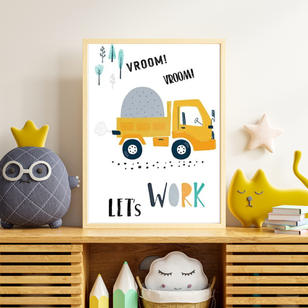 Affiche murale pour chambre d'enfant avec un camion toupie et l'inscription "Let's Work", parfaite pour une décoration sur le thème du chantier.