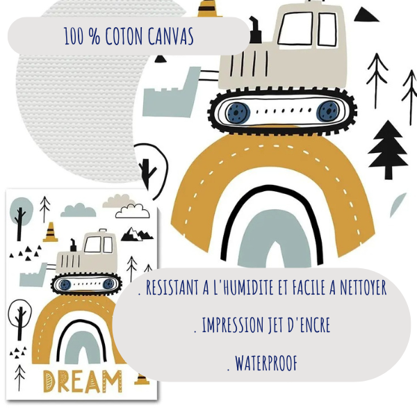 Affiche murale enfant sur le thème du chantier avec un bulldozer et un arc-en-ciel, imprimée sur toile coton canvas, idéale pour une déco originale.