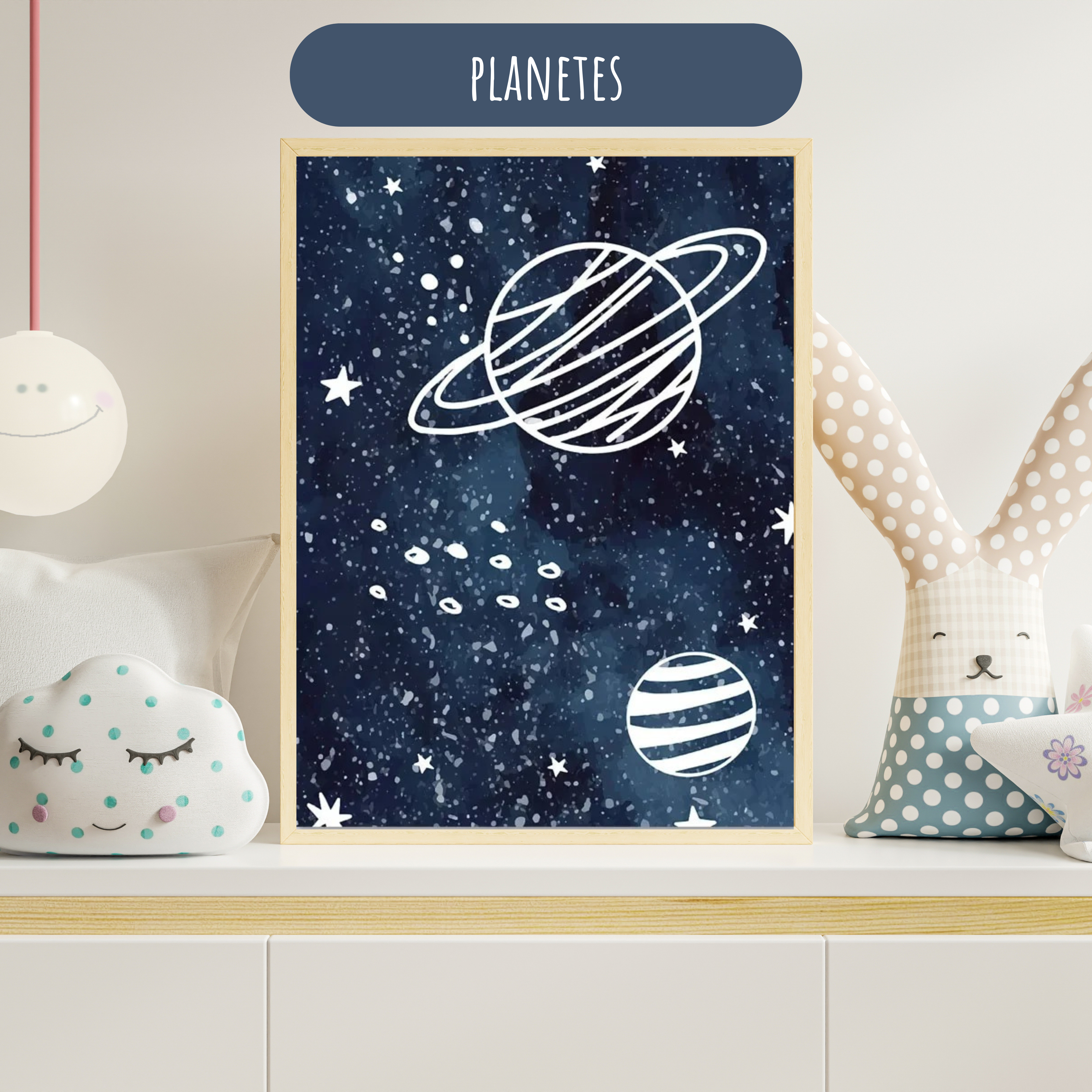 Affiche minimaliste avec des planètes et étoiles sur fond cosmique, idéale pour une décoration sur le thème de l’espace.