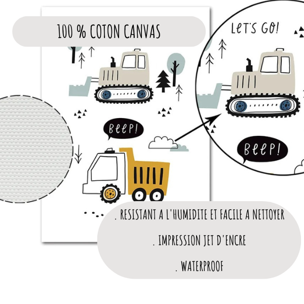 Zoom sur une affiche murale représentant des véhicules de chantier, imprimée sur toile 100% coton canvas, résistante et facile à nettoyer.