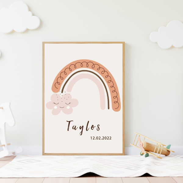 Affiche de naissance avec arc-en-ciel bohème et nuage souriant, décoration murale douce pour chambre de bébé, dans des tons naturels et apaisants.